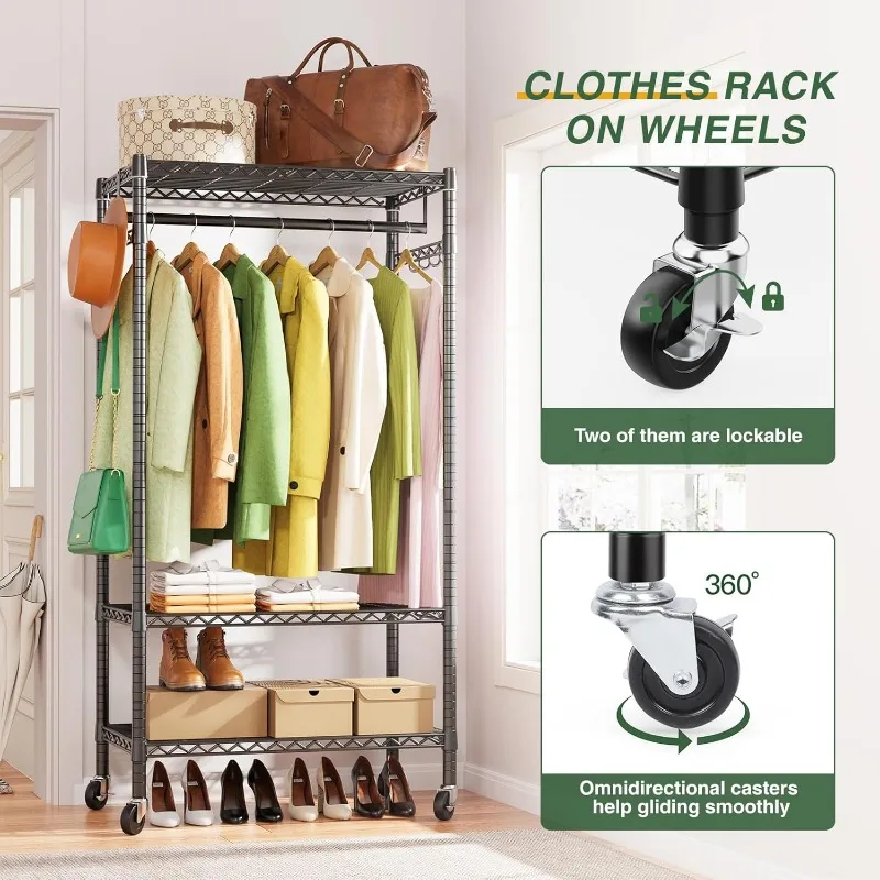G1M Heavy Duty Clothes Rack,  Rolling Garment Rack for Hanging Clothes, Adjustable Wire Clothing Rack with Storage Shelves