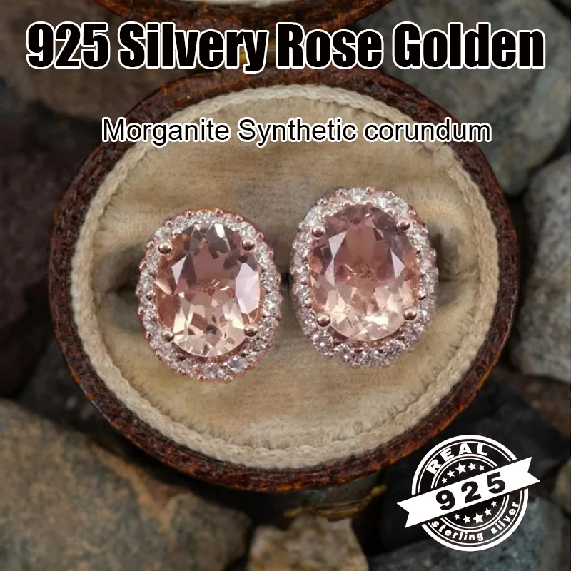 100% 925 الفضة مورغانيتي اللون البيضاوي ارتفع الذهب مطلي أقراط أنيقة النساء حفل زفاف هدية عيد ميلاد الأقراط الكورية #1