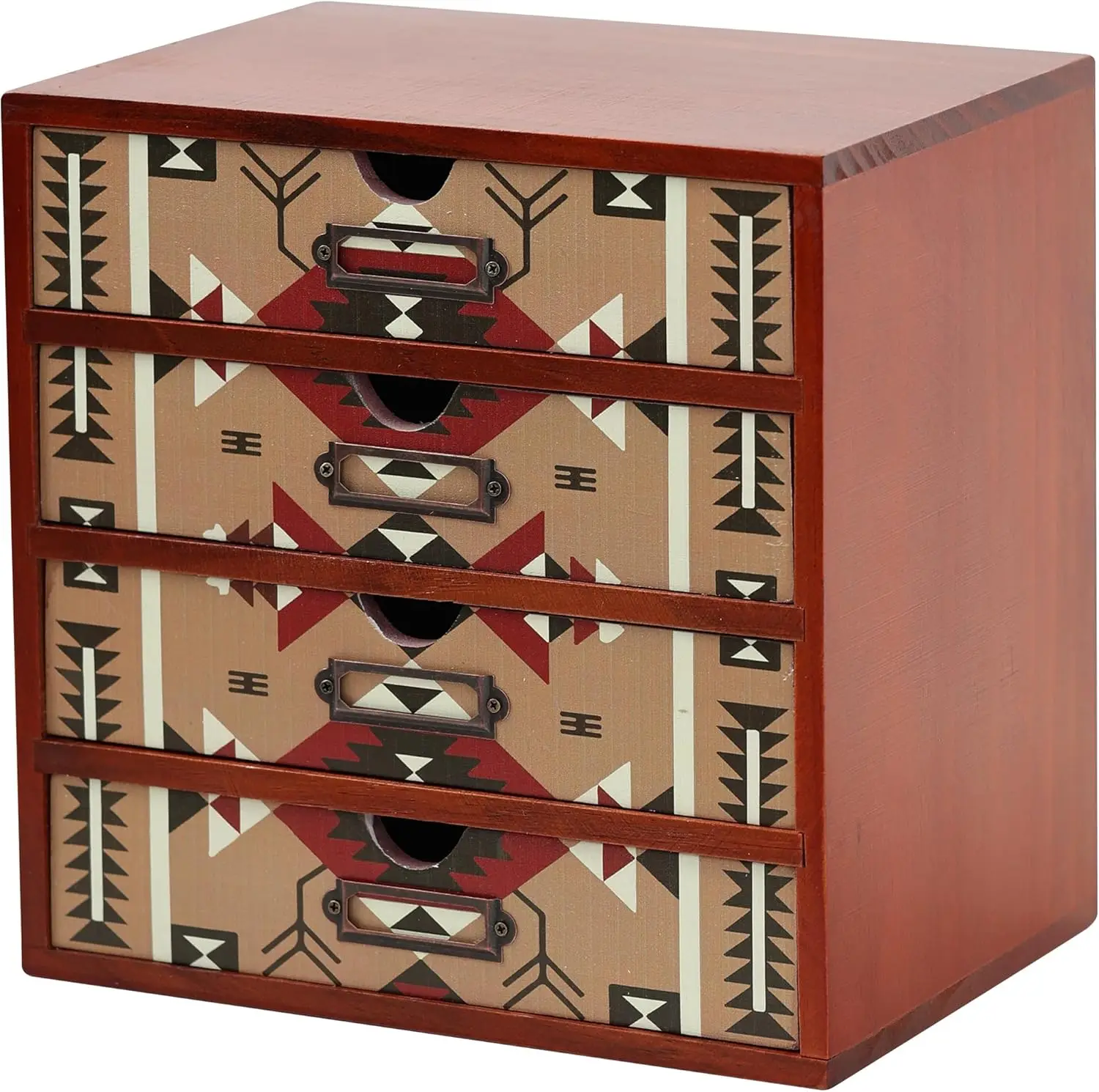 

Boho Wooden Desk Organizer with 4 Drawers - Rustic Tribal Storage Box for Office, Vanity, or Crafts
