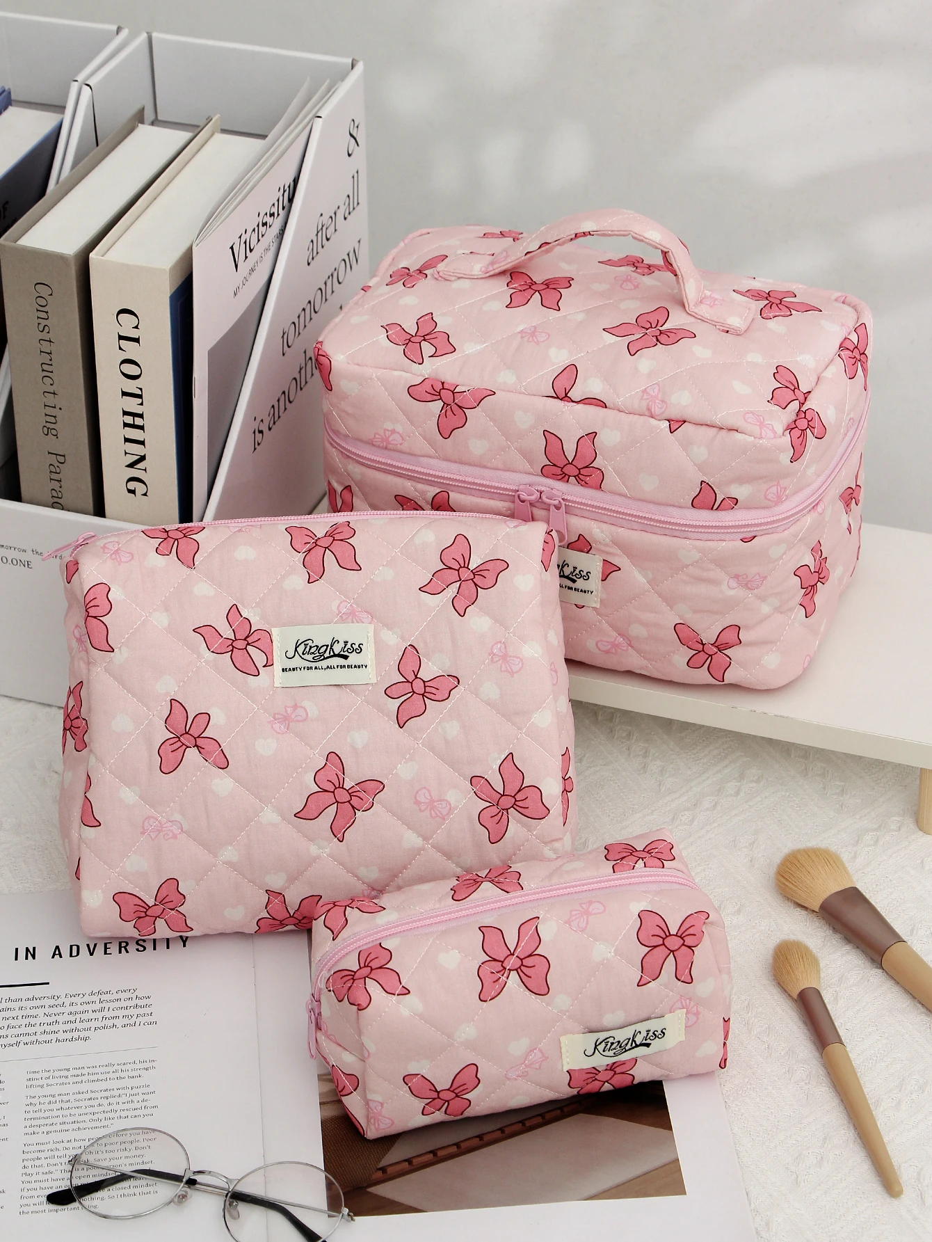1pc/set pink quilted makeup bag, ribbon bow pattern design,  large capacity cute toiletry bag, travel storage makeup bag