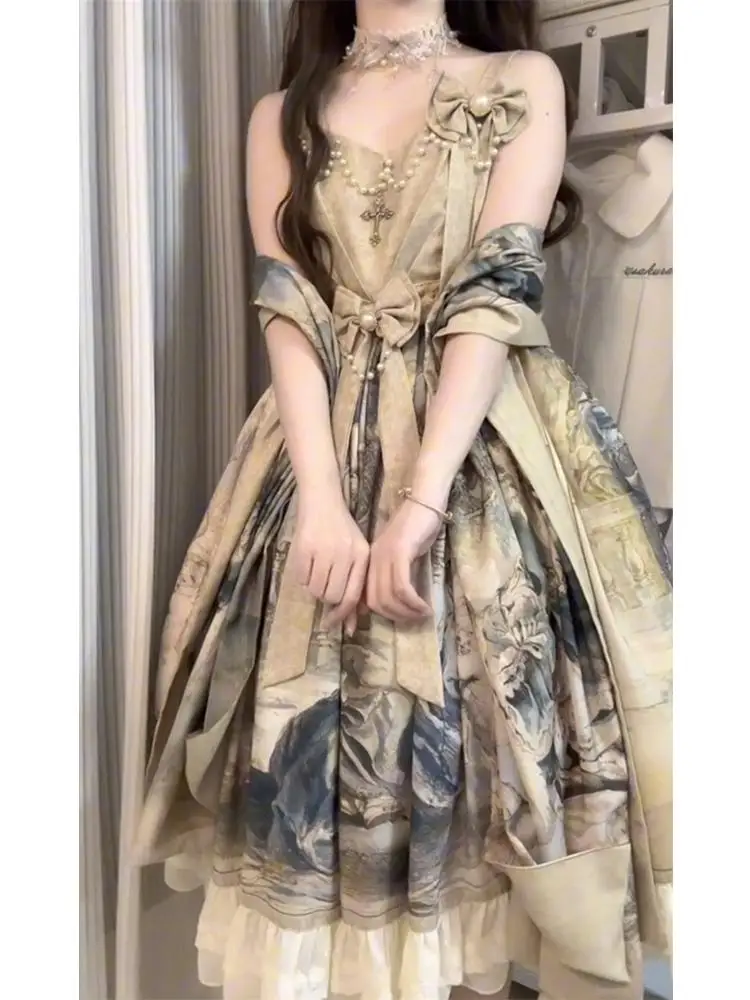 

Retro Sweet Elegant Oil Painting Lolita Skirt JSK Dress Shoulder Shawl Lolita Court Style Princess Dress Women's Fashion Set