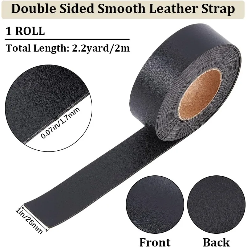 1 Roll 25mm x 2m Black Double-Sided Leather Strap Lychee Pattern Leather Strips 1.7mm Thick Imitation Flat Leather Cord