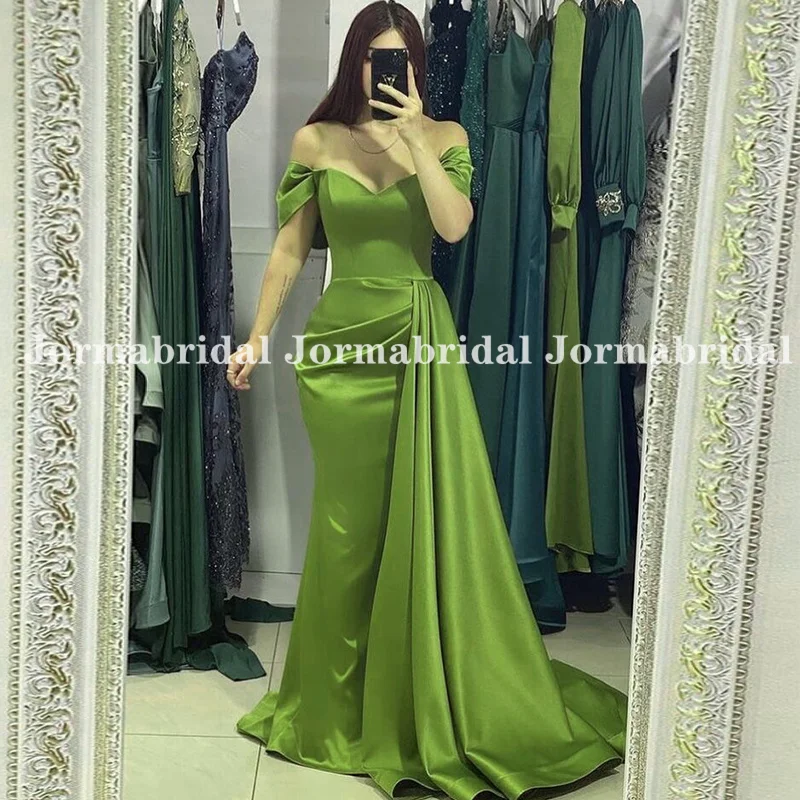 Off the Shoulder Lemon Green Prom Dresses Ruched Satin Long Ribbon Mermaid Evening Dress WomenFormal Party Gown Robes De Soirée