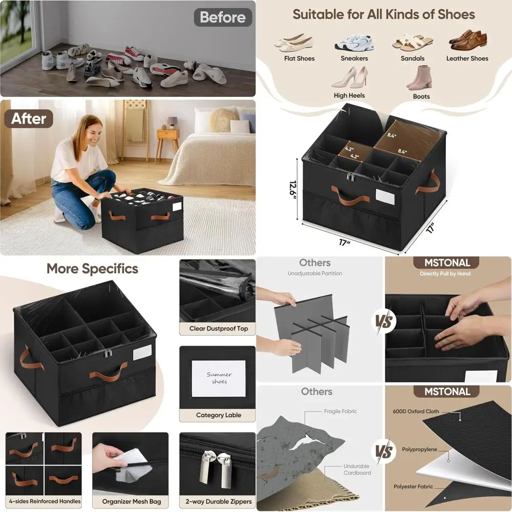 

2-Pack Adjustable Shoe Organizers with Clear Lids and Handles, Space-Saving Storage for 16-32 Pairs, Pure Black