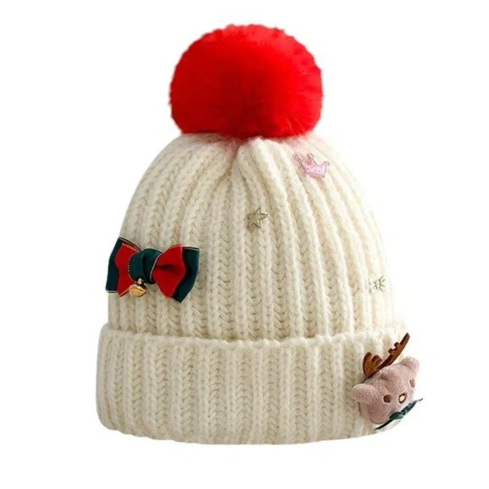 

Personality Soft Christmas Plush Cap Warm Bow Big Pullover Hat Elk Deer Woven Red Knitted Woolen Hat Gifts