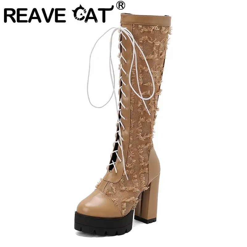 

REAVE CAT Модные женские сапоги до колена с круглым носком на блочном каблуке 12 см, платформа 4 см, молния, шнуровка, смешанные цвета, большой размер 46 47 48