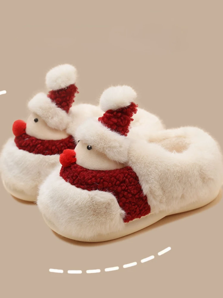 Adoráveis chinelos de algodão para mulheres boneco de neve, sapatos antiderrapantes para Natal, fundo grosso feminino, sapatos quentes de desenhos animados, moda outono, novo