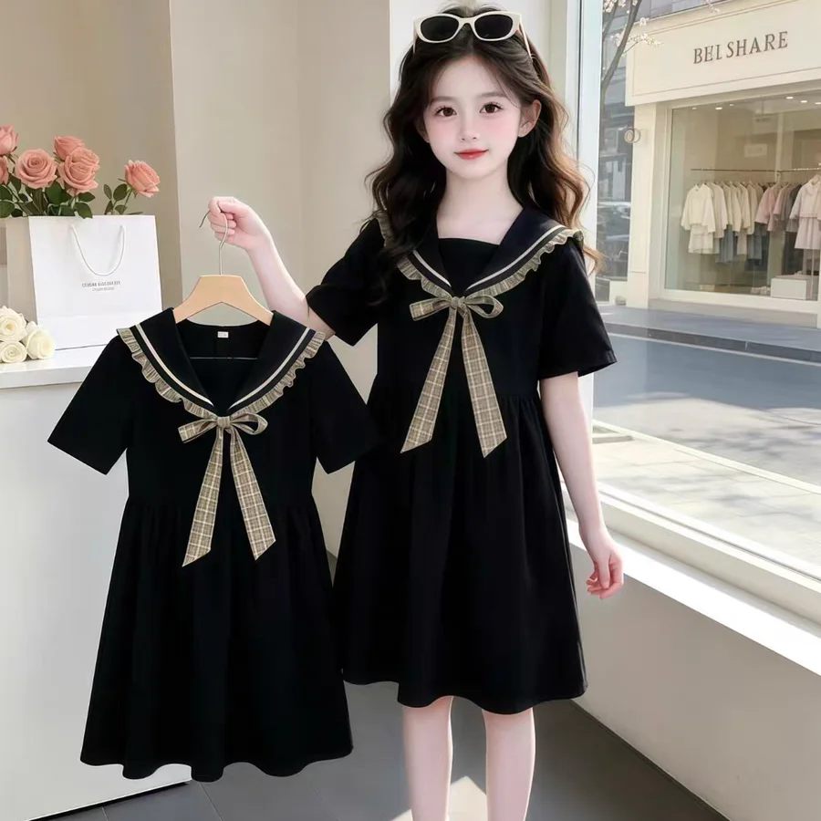 

School Kids Summer Short Sleeve Dress with Bow for Girl High Fashion Preppy Outfit Japan Korean Child JK Clothing Black Dresses