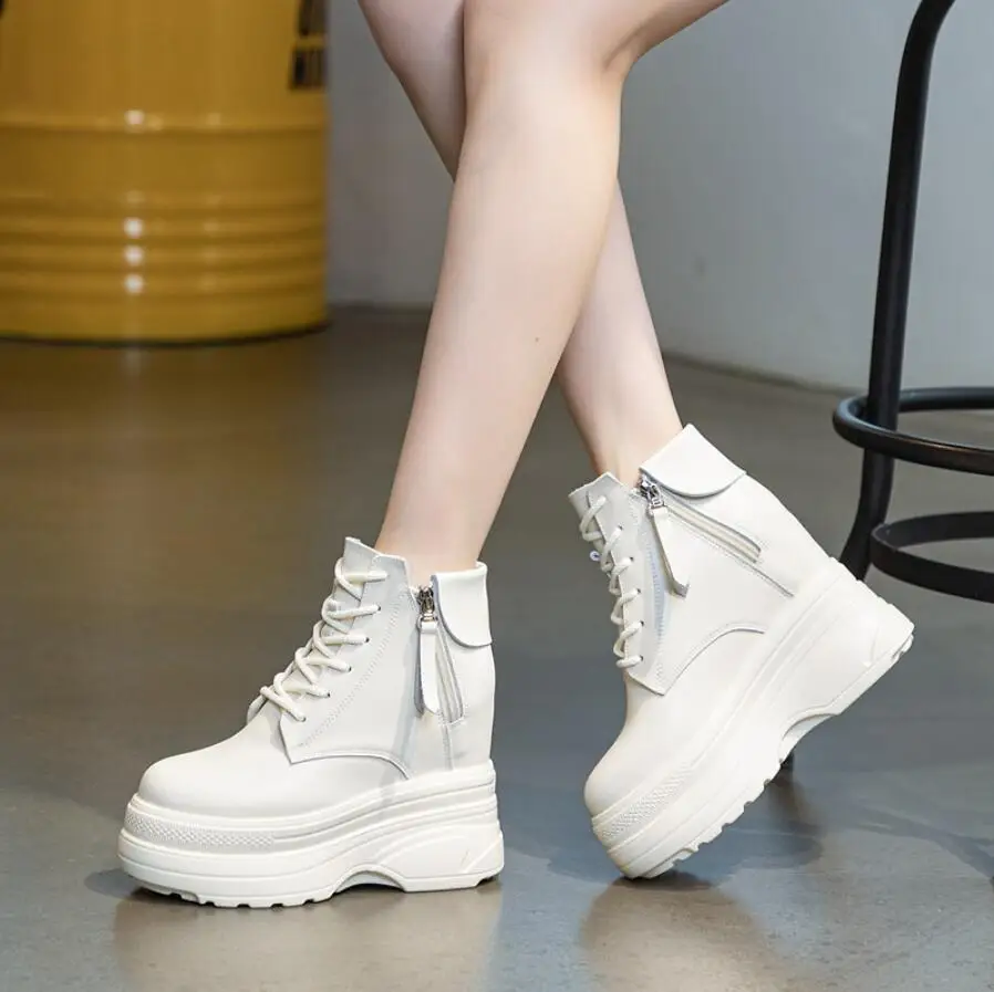 

Женские белые ботильоны на толстой подошве, увеличивающие рост, 11 см, для зимы, улицы, отдыха, для девушек, весна-осень, мотоциклетные ботинки