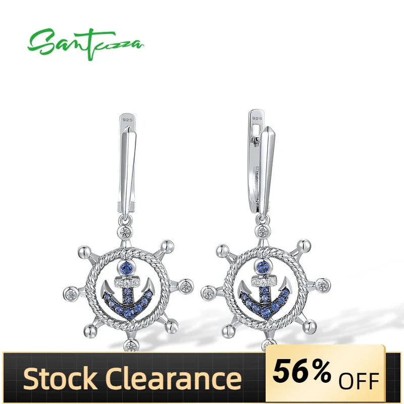 

SANTUZZA Pure 925 Sterling Silver Earrings For Women Blue Nano White Cubic Zirconia Unique Rudder Anchor Trendy Fine Jewelry