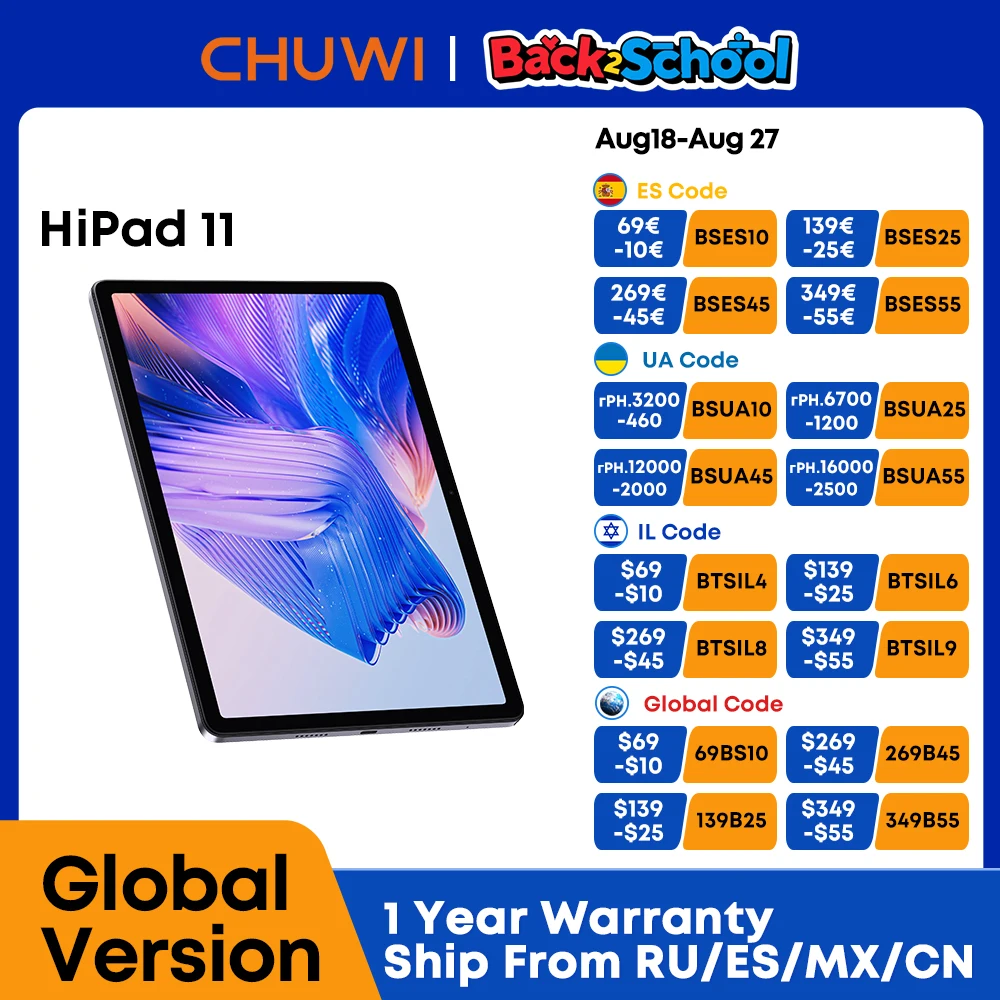 

Планшет CHUWI 2024 HiPad 11, 10,95 дюйма, FHD Unisoc T616, 6 ГБ ОЗУ, 128 ГБ ПЗУ, 2,4G/5G, Wi-Fi, 7000 мАч, аккумулятор, Widevine L1, Android 14 планшетов