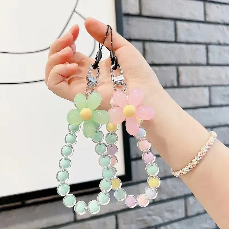 Macaron Color Cell Phone Charm Lanyard Anti-lost Flower Beaded Car Keychain Wrist Strap Hand-held Mobile Phone Case Pendant