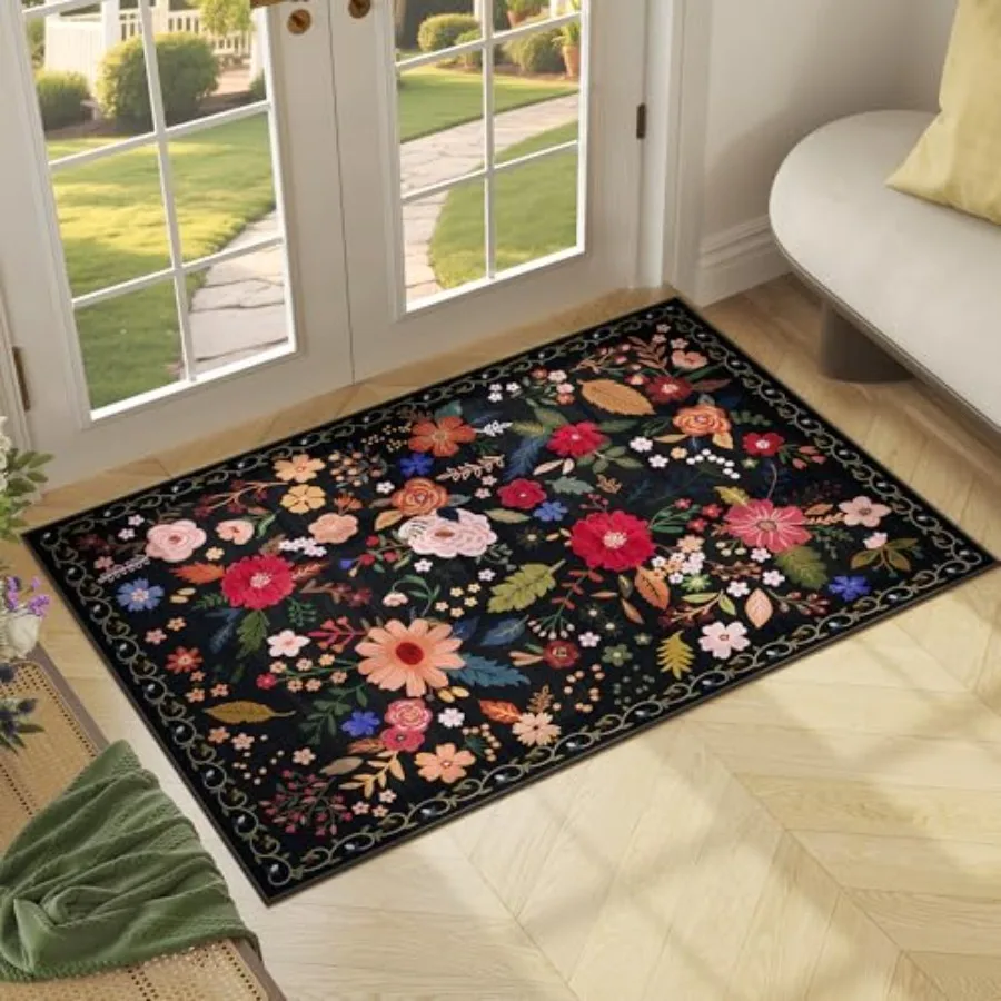 

2x3 Washable Rug for Entryway Floral Soft Small Area Rug Non Slip Doormat Indoor Entrance Carpet Flower Low Pile Front Door Thr