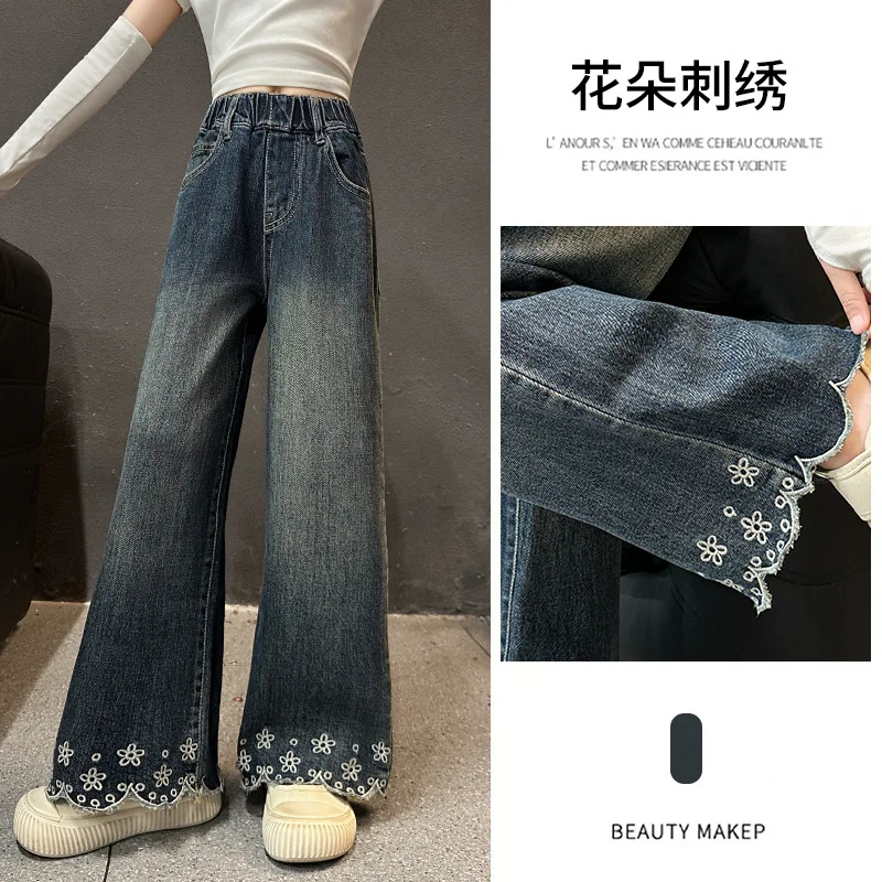 الفتيات الربيع والخريف الجينز 2025 نمط جديد في سن المراهقة الأطفال المطرزة بنطال ذو قصة أرجل واسعة الفتيات فضفاض مستقيم الساق بنطلون #6
