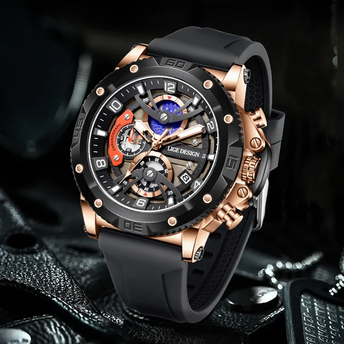 Imagen 2 del producto Reloj deportivo LIGE para hombre, cronógrafo de silicona de lujo de marca superior, función de esfera pequeña, relojes de pulsera de cuarzo, reloj luminoso resistente al agua