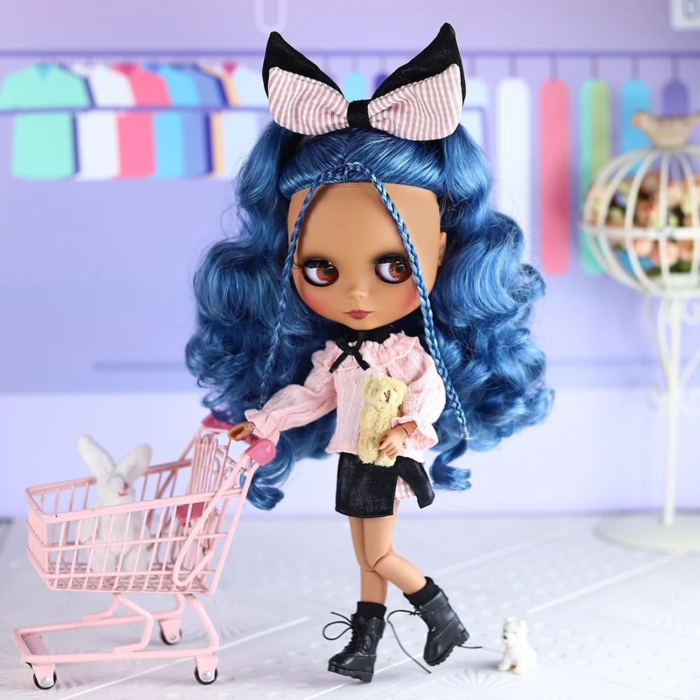 ICY DBS Blyth Doll 30cm Y2K Girl Street Spice Punk Blue Pigtail Dark Skin Matte Face 19 Joints Body Doll Festival Girls Gifts