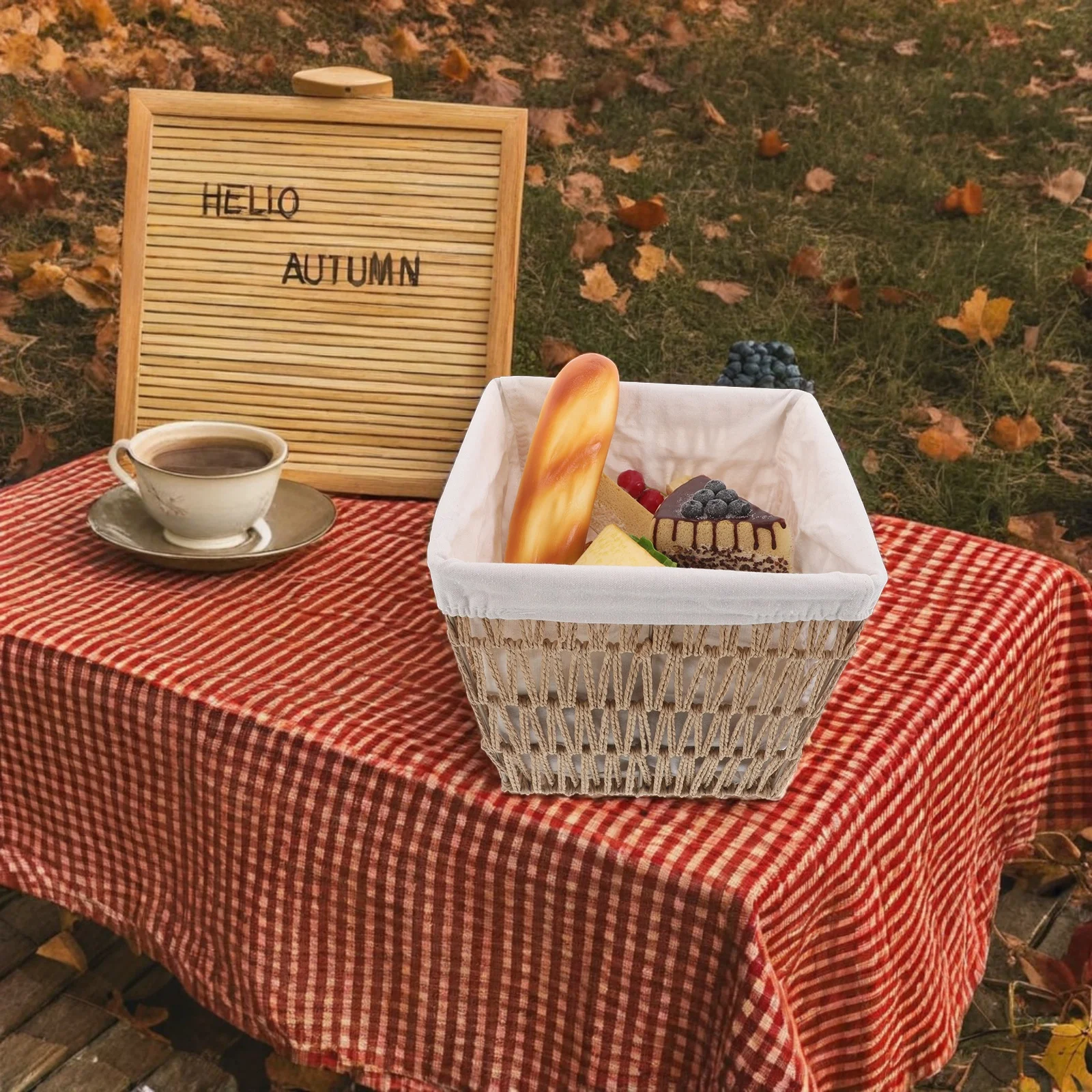 

Handwoven Bread Basket Cotton Liner Sturdy Paper Rope Storage Organizer Bread Fruit Snack Basket Kitchen Table Serving