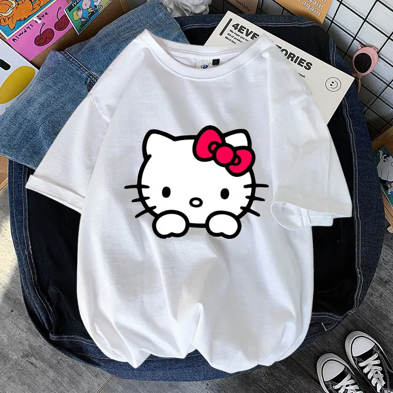 Men T-Shirt Women Short Sleeve Hello Kitty Red Cartoon Anime Summer Casual T Shirts 2024 New Fashion Couple Cotton Tops Clothes