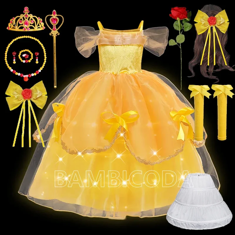 

FC6Girl Belle LED Light Dress Beauty Cosplay Costume Princess Deluxe Applique Outfit Children Birthday Party Gown Disguise @FC8！