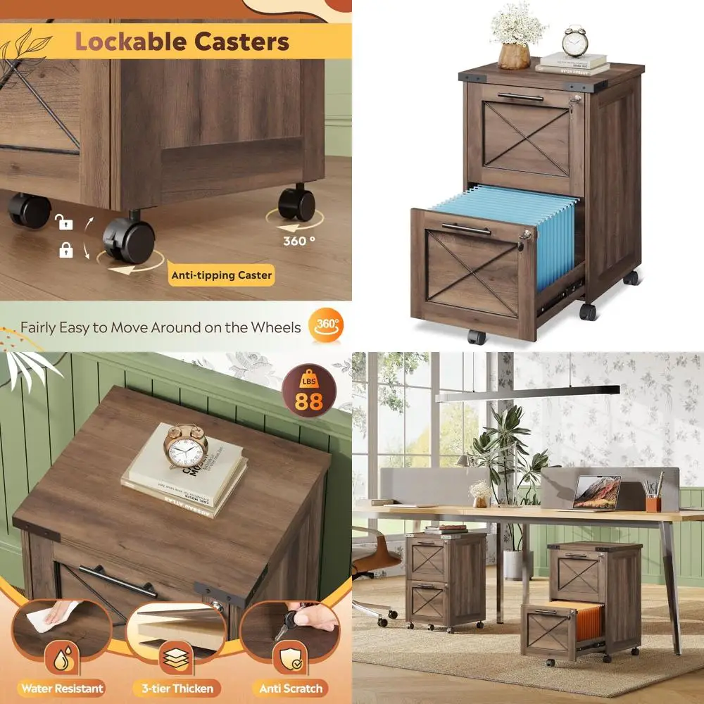 

Mobile Under-Desk File Cabinet with Lock, Dark Brown, for Home Office with Hanging File Capability and Printer Stand