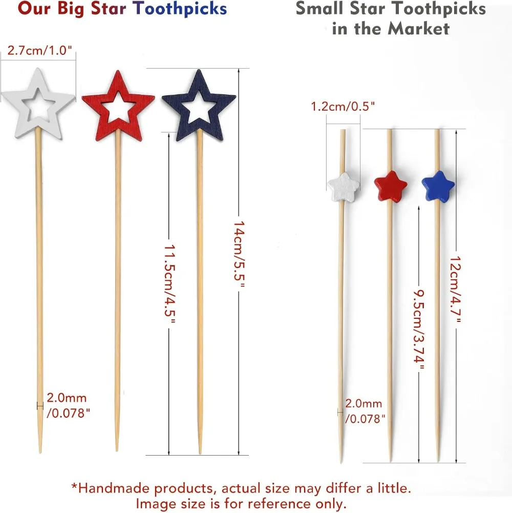 Mixed Red White Blue Star Cocktail Picks, 5.5 Inch Bamboo Toothpicks for Appetizers, Decorative Party Food Garnish Fruit Skewer Sticks 50 Counts - view 2