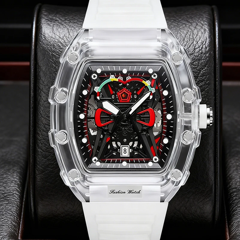 

Мужские красно-белые повседневные кварцевые часы в стиле каникулы с календарем и бочкообразным ремешком.