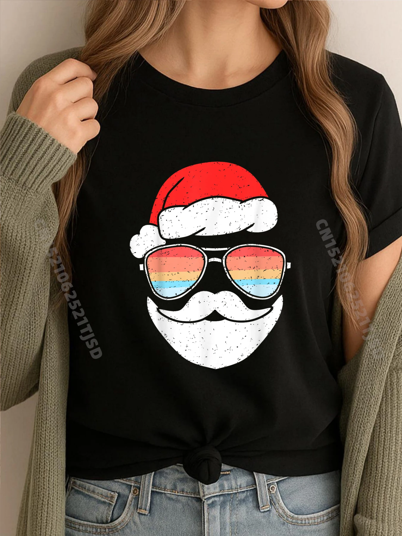 

Ретро солнцезащитные очки с лицом Санта-Клауса, шляпа Санта-Клауса, роскошная футболка с Рождеством, женская футболка высокого качества, новогодняя футболка, мытая Хэллоуин