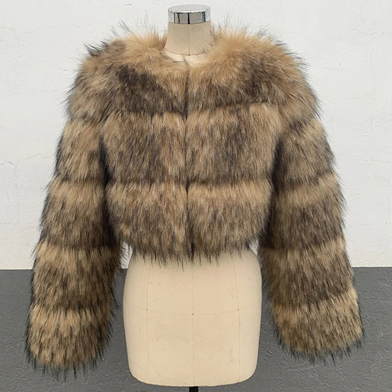 

Winter Women Fashion Faux Raccoon Fur Coat Luxury Short Fluffy Fur Jacket Outerwear Women Fuzzy Coat Crop Fur Top High Quality