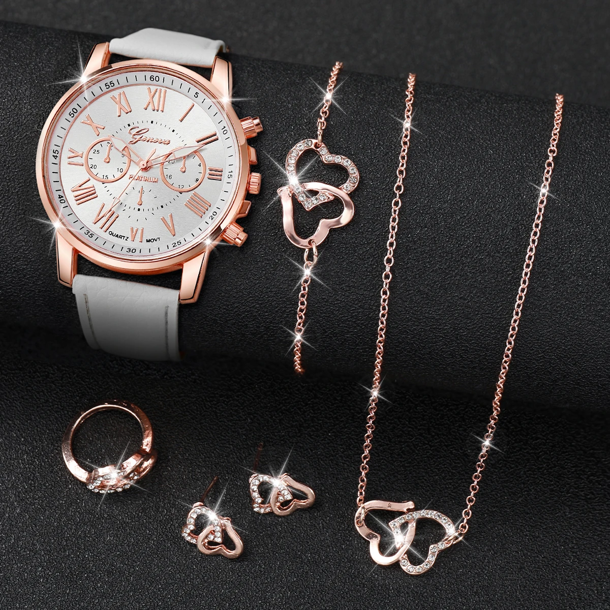 5PCS/Set Fashion Women Watches Rhinestone Heart Jewelry Set Geneva Watch Female Leather Band Quartz Watch（Without Box）