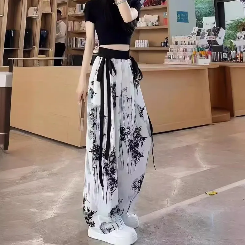 

Chinese Style Breeze Bamboo Streamer Wide Leg Pants for Women 2024 Summer Thin Contrast Color Loose Slim Casual Pants for Women