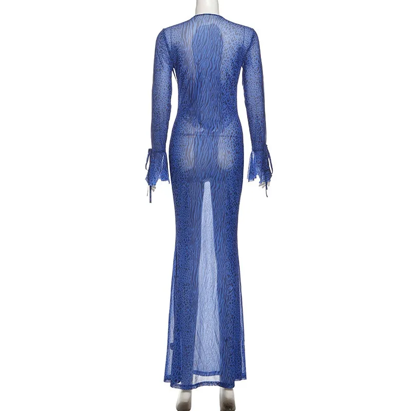 2025 Autunno Maglia Leopardo Stampato Sheer Slim Elegante Maxi Vestito Delle Donne Manica Lunga Goccia V Anca Avvolto Party Club Streetwear Robe