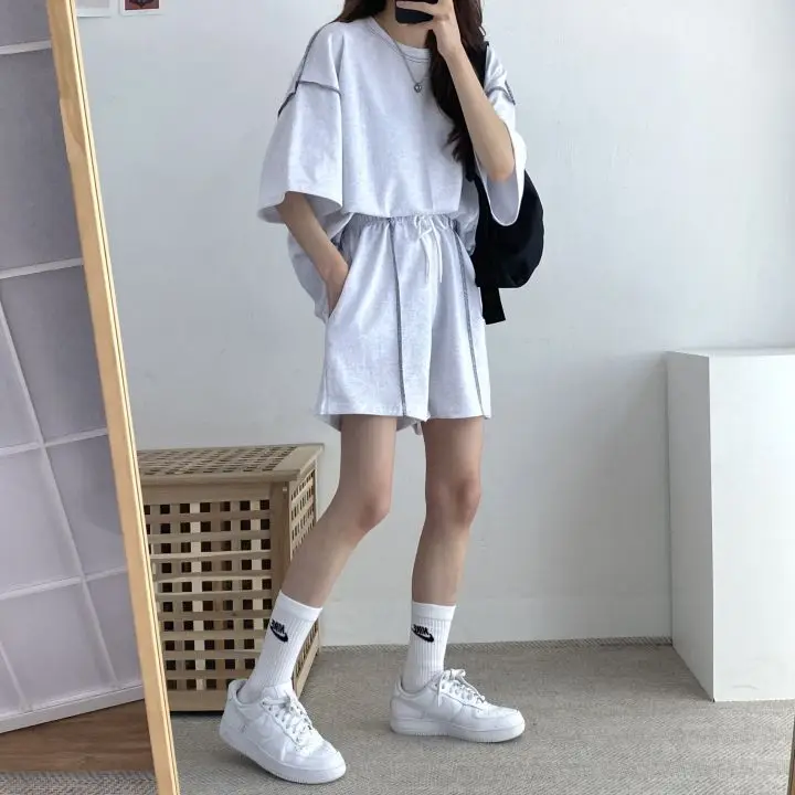 100% Cotton Short Sleeve T-shirt Sets Solid Color Casual Sportswear Suits Women\'s Summer Fashion Loose Tshirt Shorts 2 Piece Set