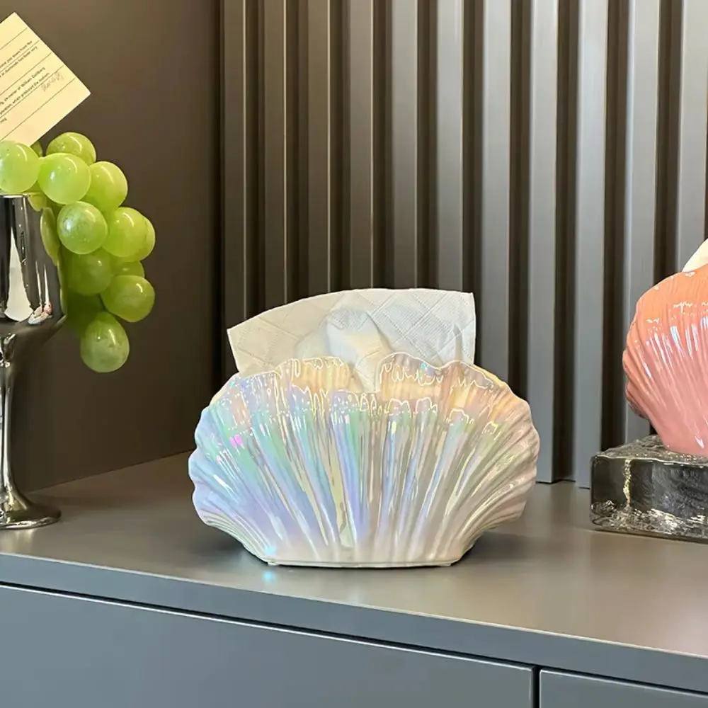 Glazed Ceramic Tissue Box Creative Ornament Shell Shape Napkin Holder Wide Mouth Smooth Extraction Desktop Napkin Case Home