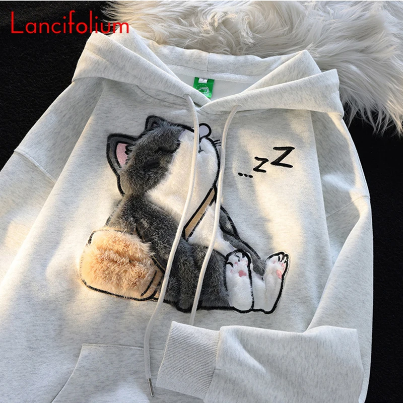 Japanese Vintage Doze To School Muppet Cat Flocking Embroidery Hooded Hoodie Preppy Kawaii Chic Couple Loose Sweatshirt Coat Top