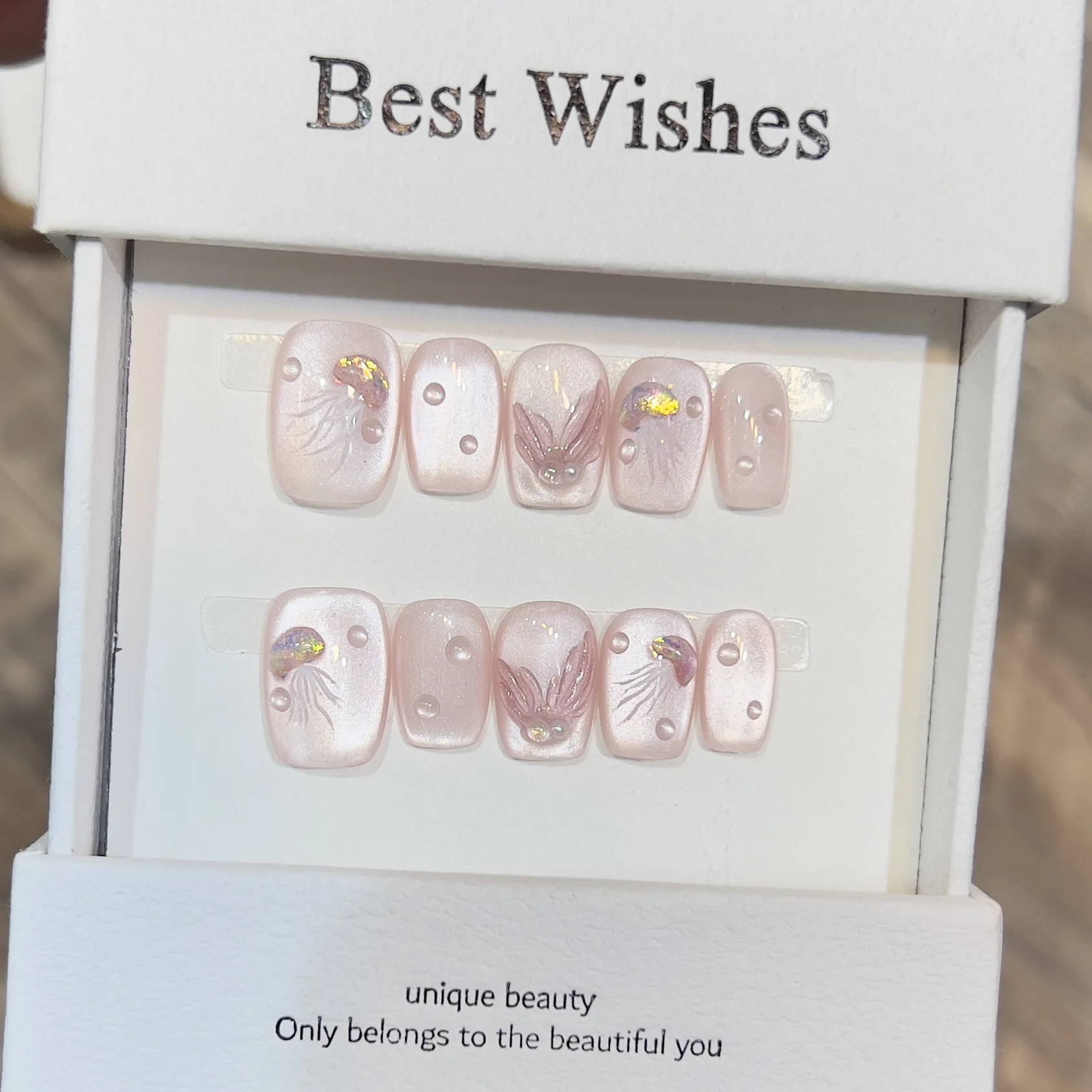 10Pcs Pink Cat Eye Handmade Press on Nails Summer Fake Nails Wearable Stick-on Nails Full Cover False Nail Накладные Ногти 네일팁