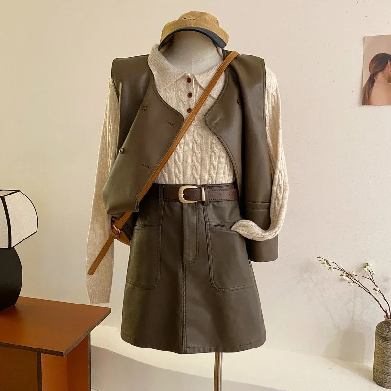 Primavera Verano Casual Retro negro abrigos chaqueta color café Color sólido doble botonadura elegancia chaleco de cuero suave cárdigan