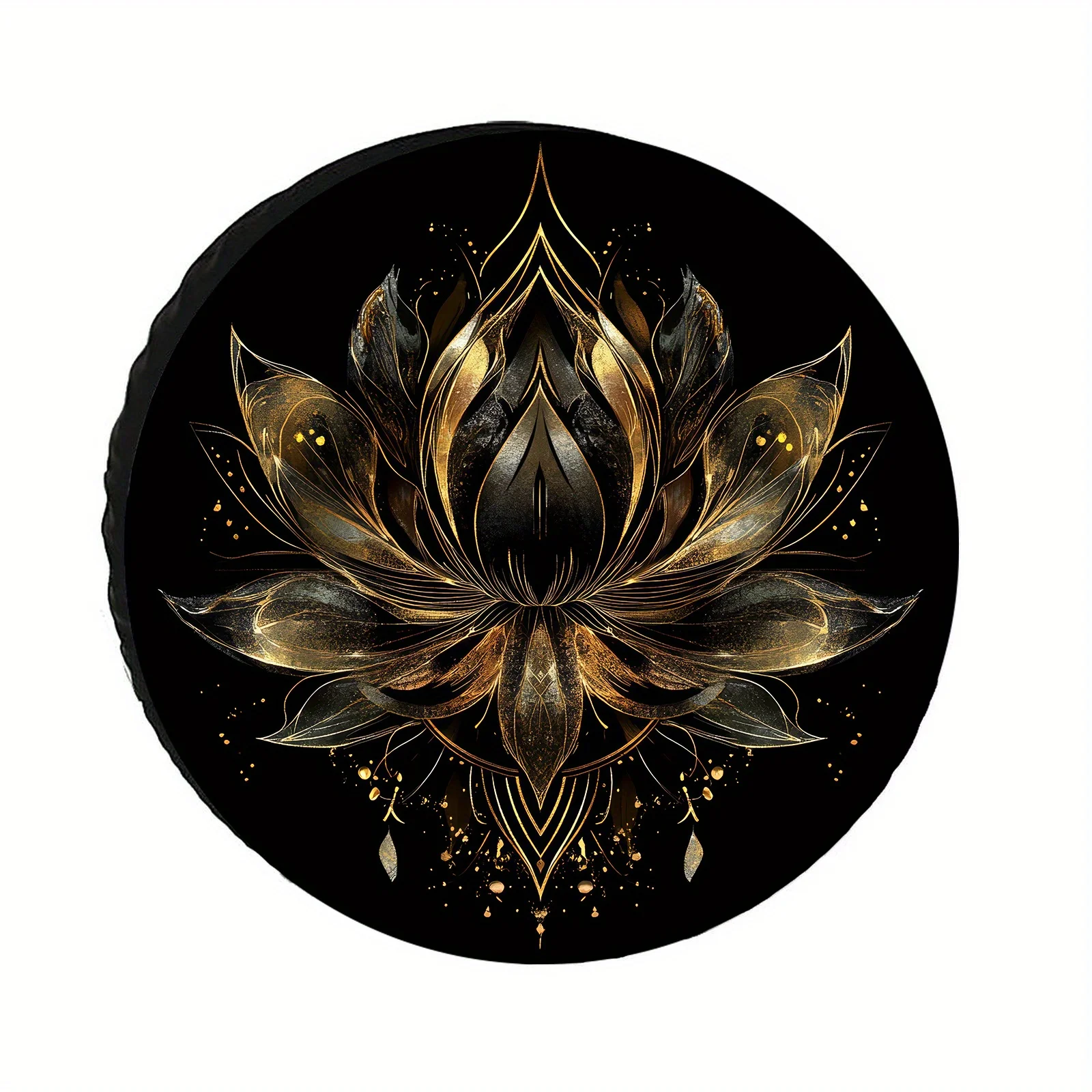 Golden For Lotus Tire Cover - Durable Polyester Fit Car Tire Protector With Elegant Black & Golden Floral Design, Tear-Resistant
