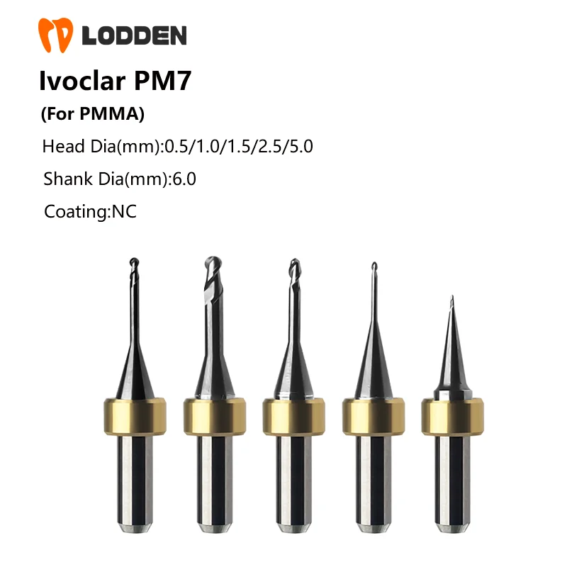 Ivoclar PM7 PMMA Milling Burs for Dental PMMA Coating NC D6 Diameter 0.5 1.0 1.5 2.5 5.0mm Dentist Grinding Tools