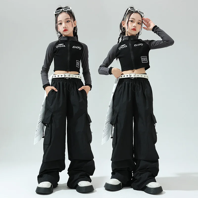 

Hip Hop Girls Cropped Jacket Loose Cargo Pants Clothes Sets Children Street Dance Short Coat Kids Streetwear Jazz Stage Costumes