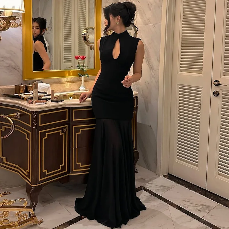 TARUXY Seksowna Sukienka z Wycięciami Elegancka Letnia Nowa Moda Bez Rękawów Szyfonowa Sukienka z Wstawkami Jednolita Długa Sukienka Damska na Imprezę