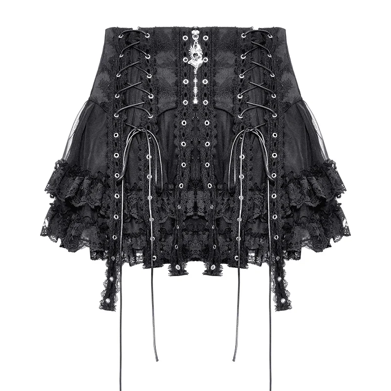 Mini Falda corta de encaje con tirantes y remaches Steampunk oscuro para mujer, Falda corta estilo gótico Rock punk, verano 2024