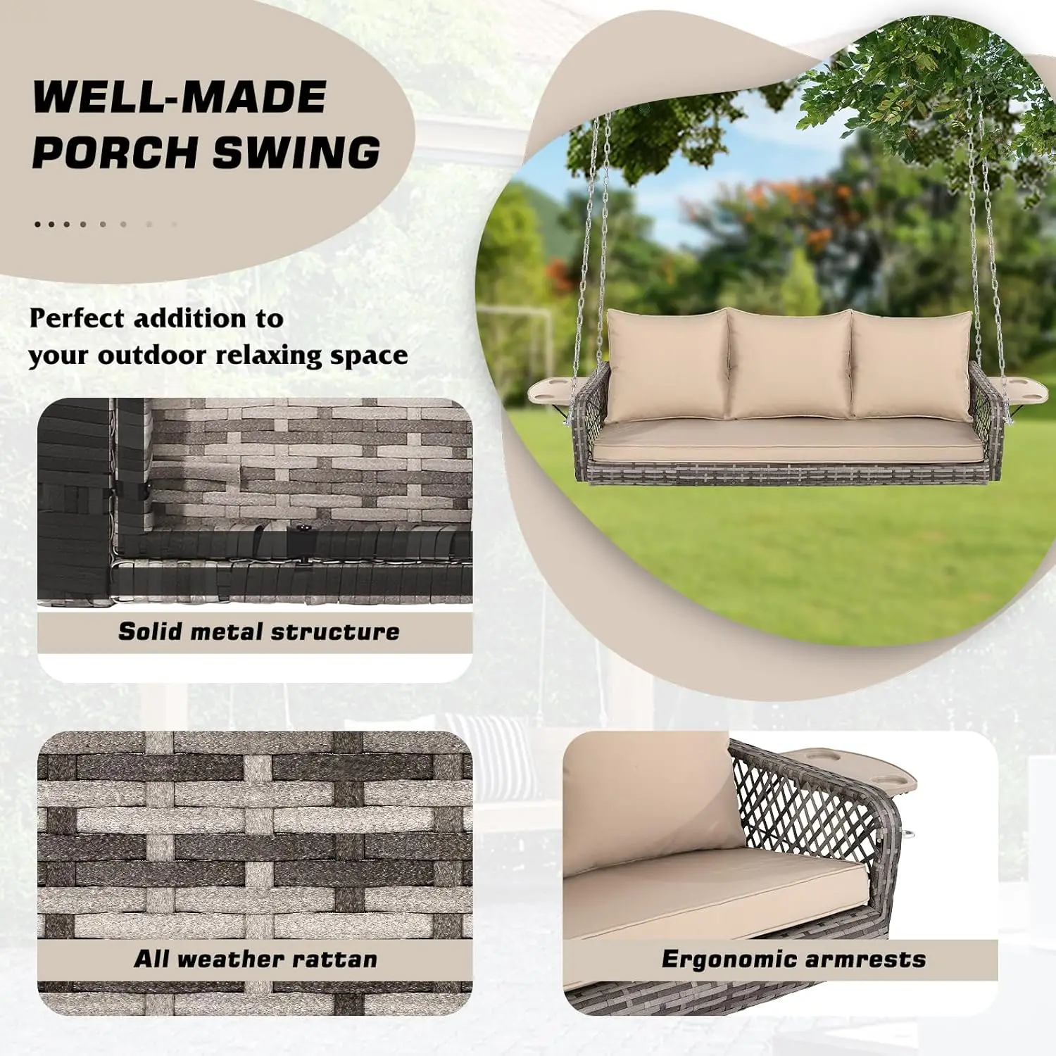 3 Person Porch Swing Patio Wicker Hanging Porch Swing Chair Outdoor Rattan Swing Bench with Cushion and Pillow for Garden,