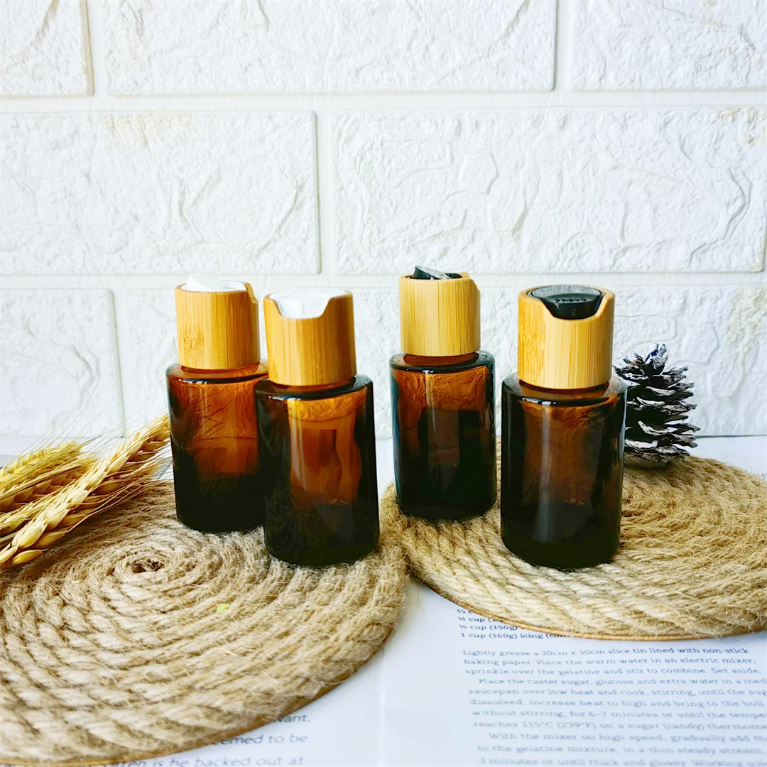 

30ml Amber Glass Empty Make-Up Bottles with Bamboo Lids 1oz Refillable Essence Liquid Body Soap Toner Cosmetic Travel Containers