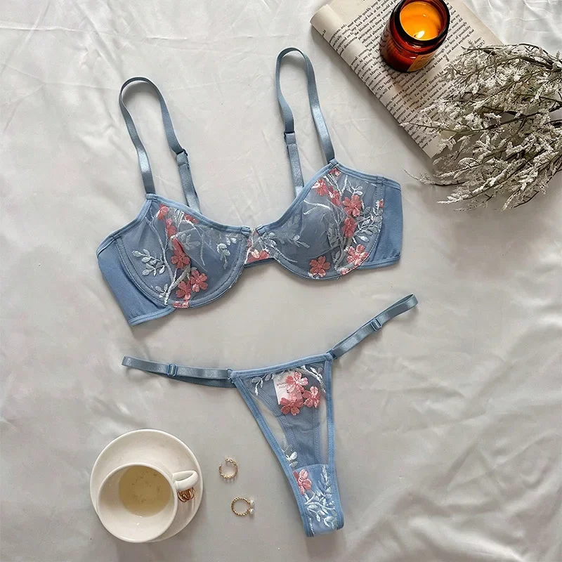 

Sexy Underwear Women Set Push Up Bra Panty Sets Fancy Lingerie Ultra Thin Embroidery Sexy Lingerie Bh Mesh Three-Point Underwear