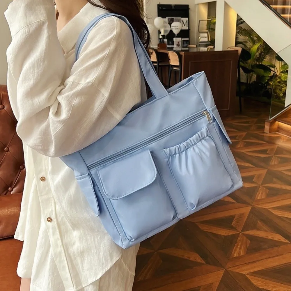

Portable Nylon Canvas Tote Bag Solid Color Large Capacity Student School Bag Handbag Korean Style Japanese Shoulder Bag Daily