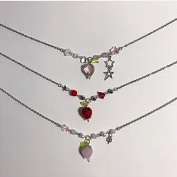 Adorable Strawberry Delicate Beaded Pendant Necklace, Cute Gift for Her Starry Kawaii