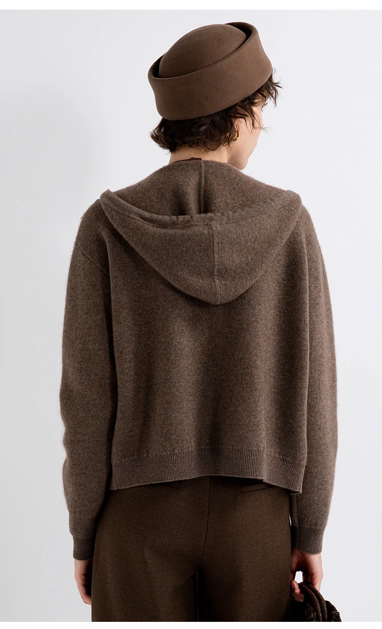TY862141 Damen Kapuzen-Reißverschluss-Strickjacke aus Wolle-Kaschmir-Mischung, 100% Schafsleder, Tasche, Kordelzug, gerippte Manschette, LP Old Money – Detail 9