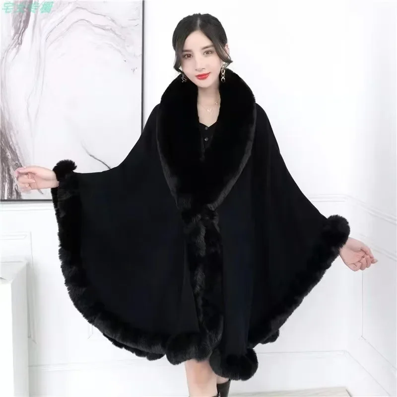 High Quality Banana Large Fur Collar Poncho Cape Shawl 2022 Autumn Winter Women\'s Knitted Faux Rabbit Fur Large Size Coat