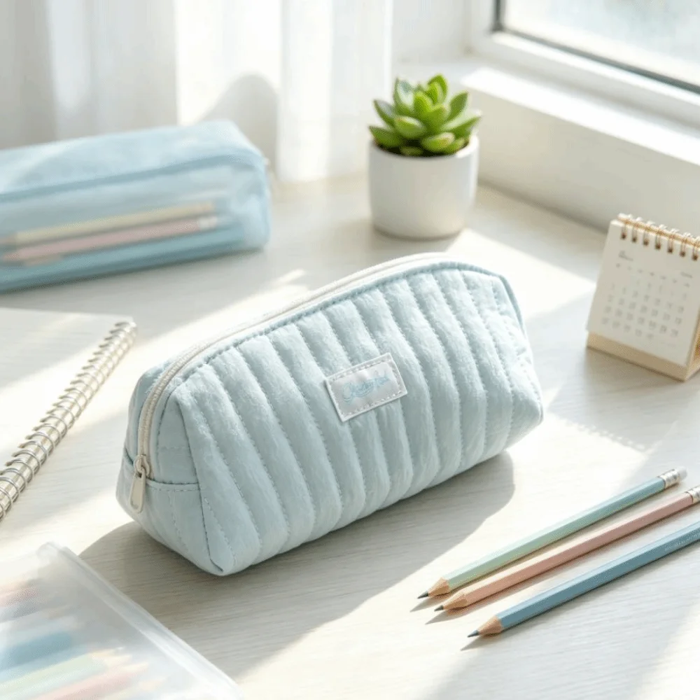 Simple Large Capacity Pencil Case with Lanyard Quilted Pencil Bag with Zipper Durable Pen Bag Stationery Storage