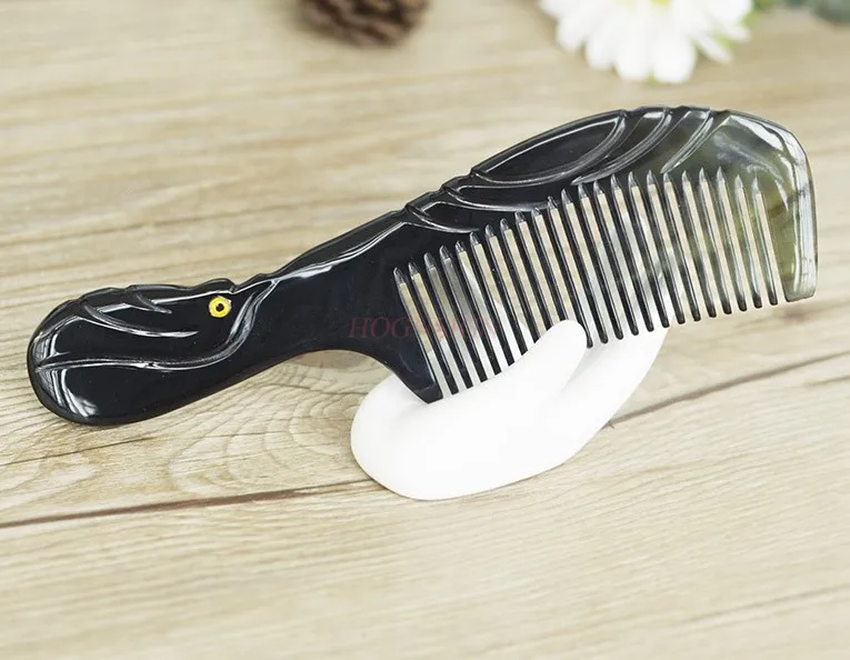 Ox Horn Comb with Low Static Electricity Black Flower Magpie Ox Horn Comb Scalp Massage Carved Handle